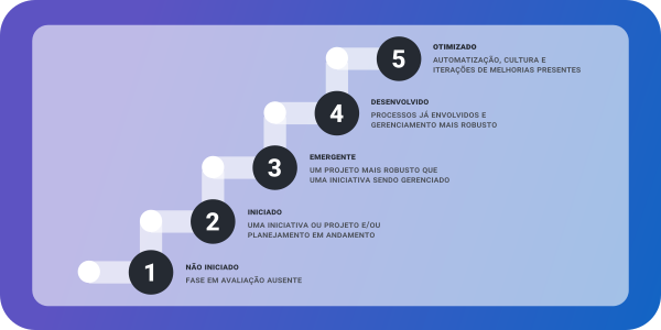 Níveis de maturidade de dados: Não Iniciado, Iniciado, Emergente, Desenvolvido e Otimizado